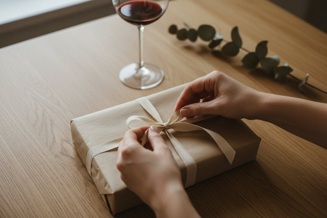 Hands tying a ribbon around a wrapped gift for a wine lover