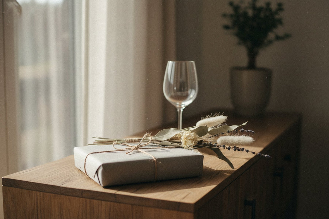 Wrapped gift beside dried flowers on a sideboard