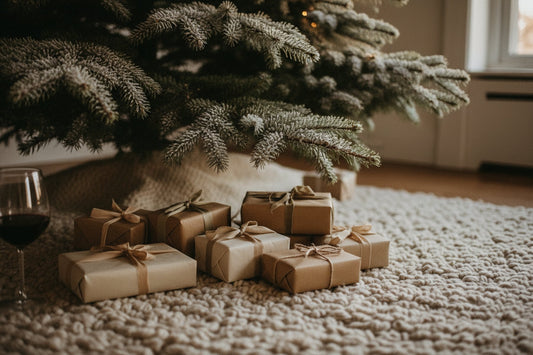 Small wrapped gifts gathered at the base of a fir tree