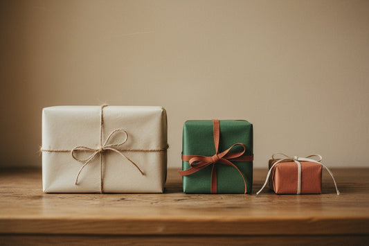 Three wrapped gifts of different sizes on an oak surface