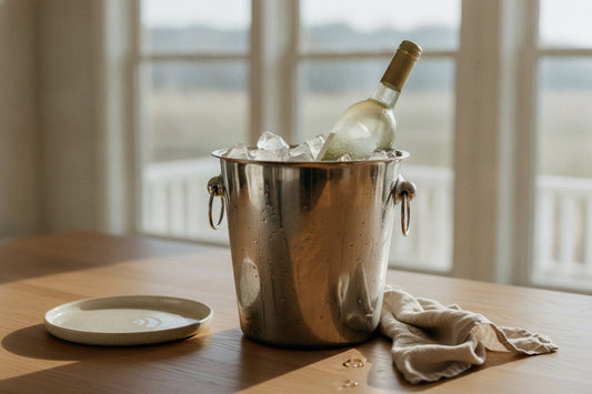 White wine chilling in an ice bucket on the kitchen table