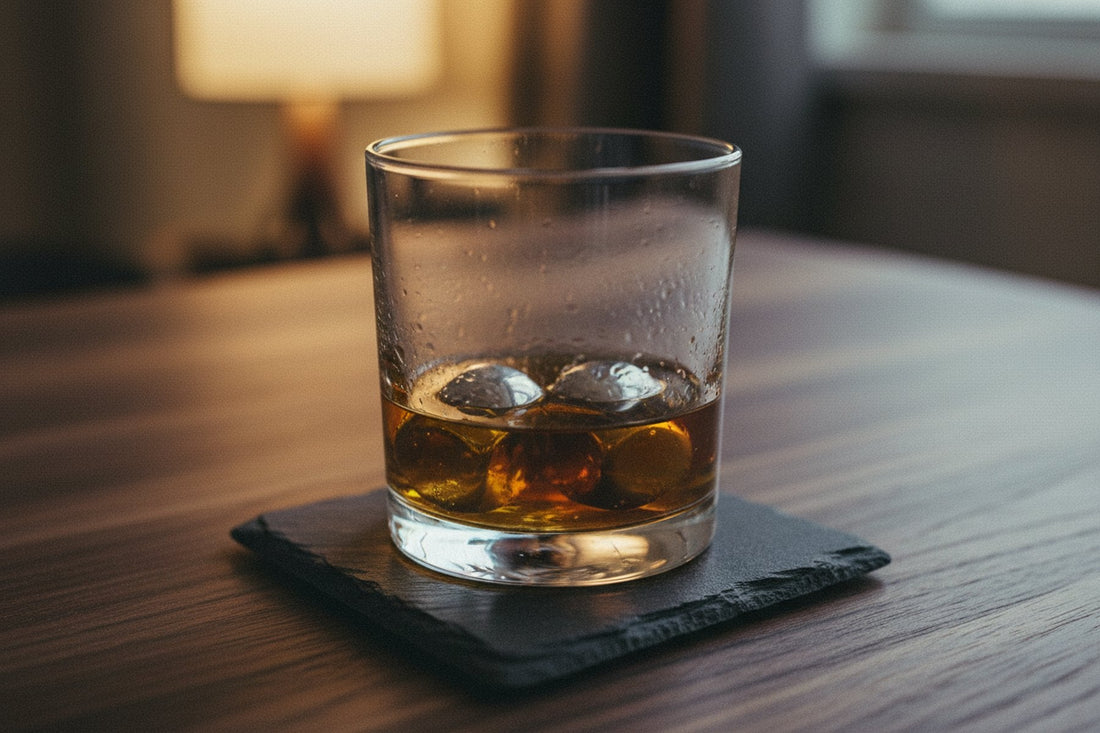 Tumbler of whisky with polished steel cooling cubes on a slate coaster
