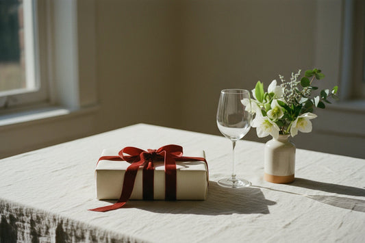 Gift with a red ribbon beside a wine glass and white flowers