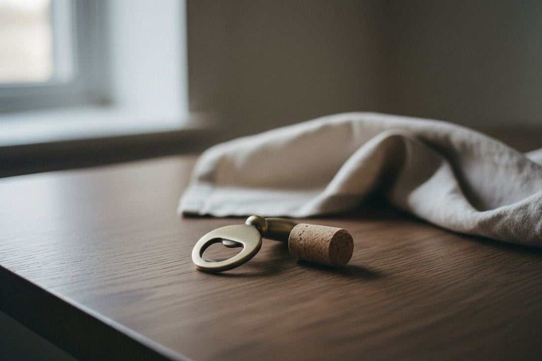 Bottle opener and a pulled cork on a dark oak table