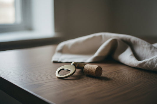 Bottle opener and a pulled cork on a dark oak table