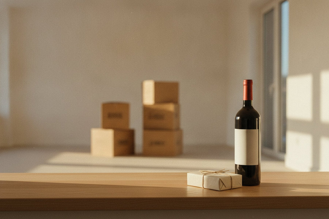 Bottle of wine and a small gift on a windowsill beside moving boxes