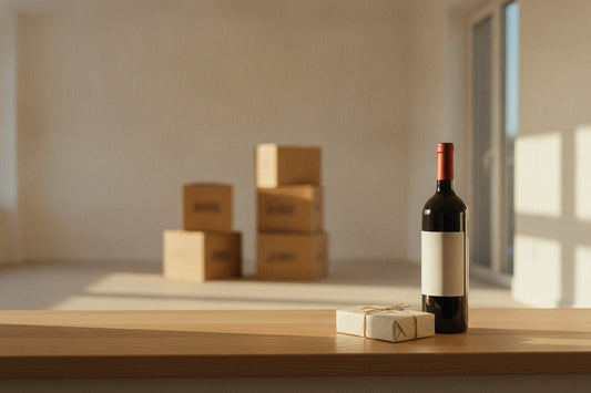 Bottle of wine and a small gift on a windowsill beside moving boxes