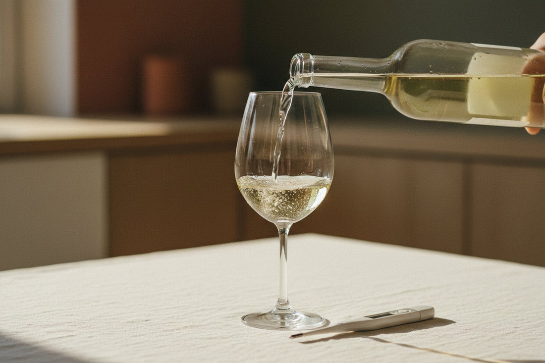 White wine being poured, with a thermometer on the table