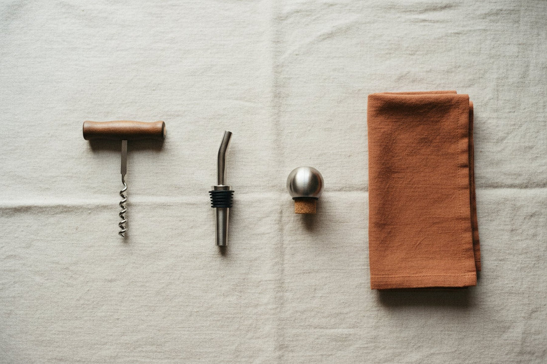 Wine accessories laid out in a row on a linen cloth