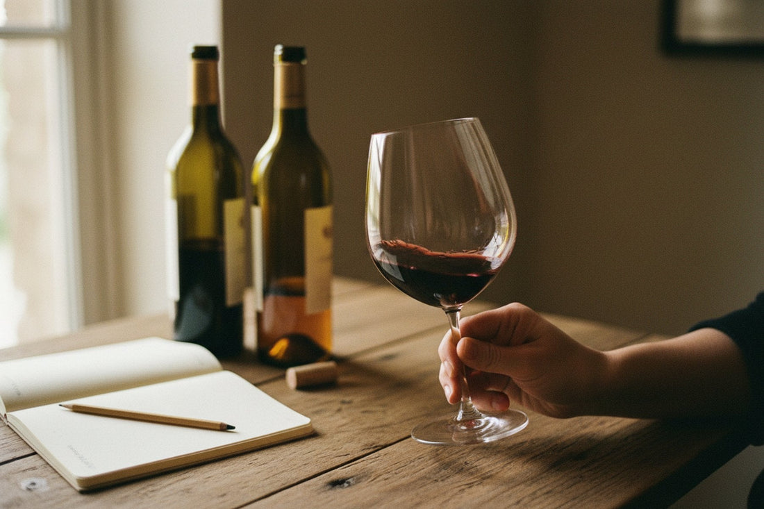 Person swirling red wine in a tasting glass at a wooden table