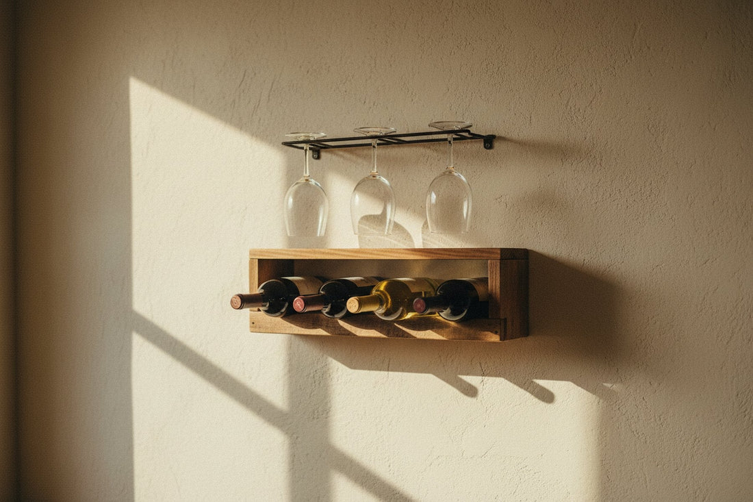 Wooden wine rack on a wall with glasses hanging above